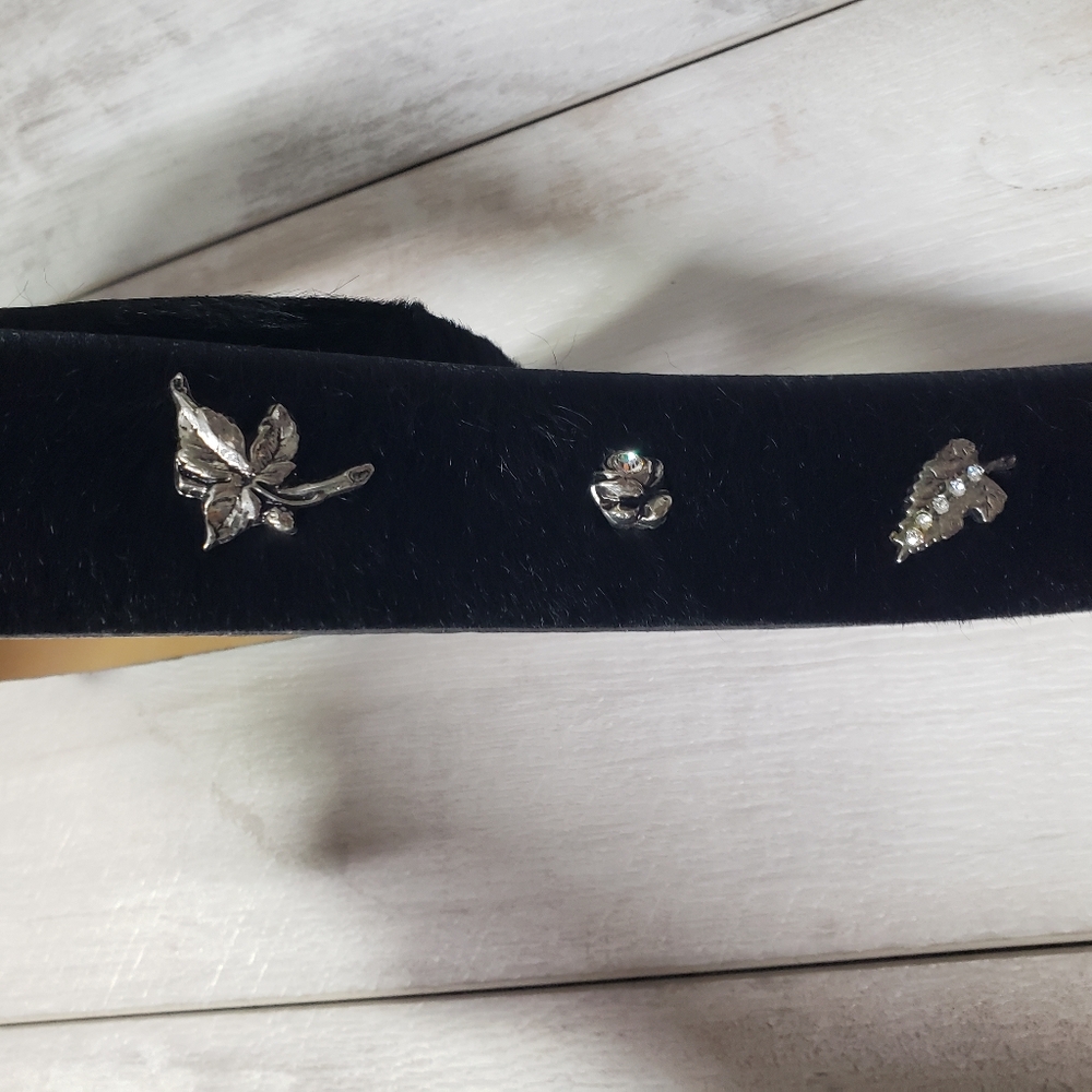 Berge Black Pony Hair Calf Hair Belt Silver Botanical Details Buckle Boho Edgy - Picture 10 of 15
